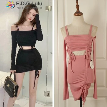 

EDGLuLu short skirt sweet college sexy casual beach women two piece skirt sets pink long sleeve off shoulder new arrival 2019
