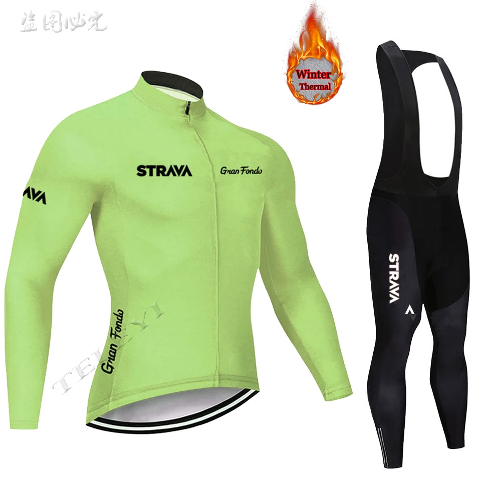 

2019 STRAVA Winter Cycling Jersey Set Keep Warm Racing Bike Clothes Long Sleeve MTB Bicycle Thermal Fleece Cycling Clothing