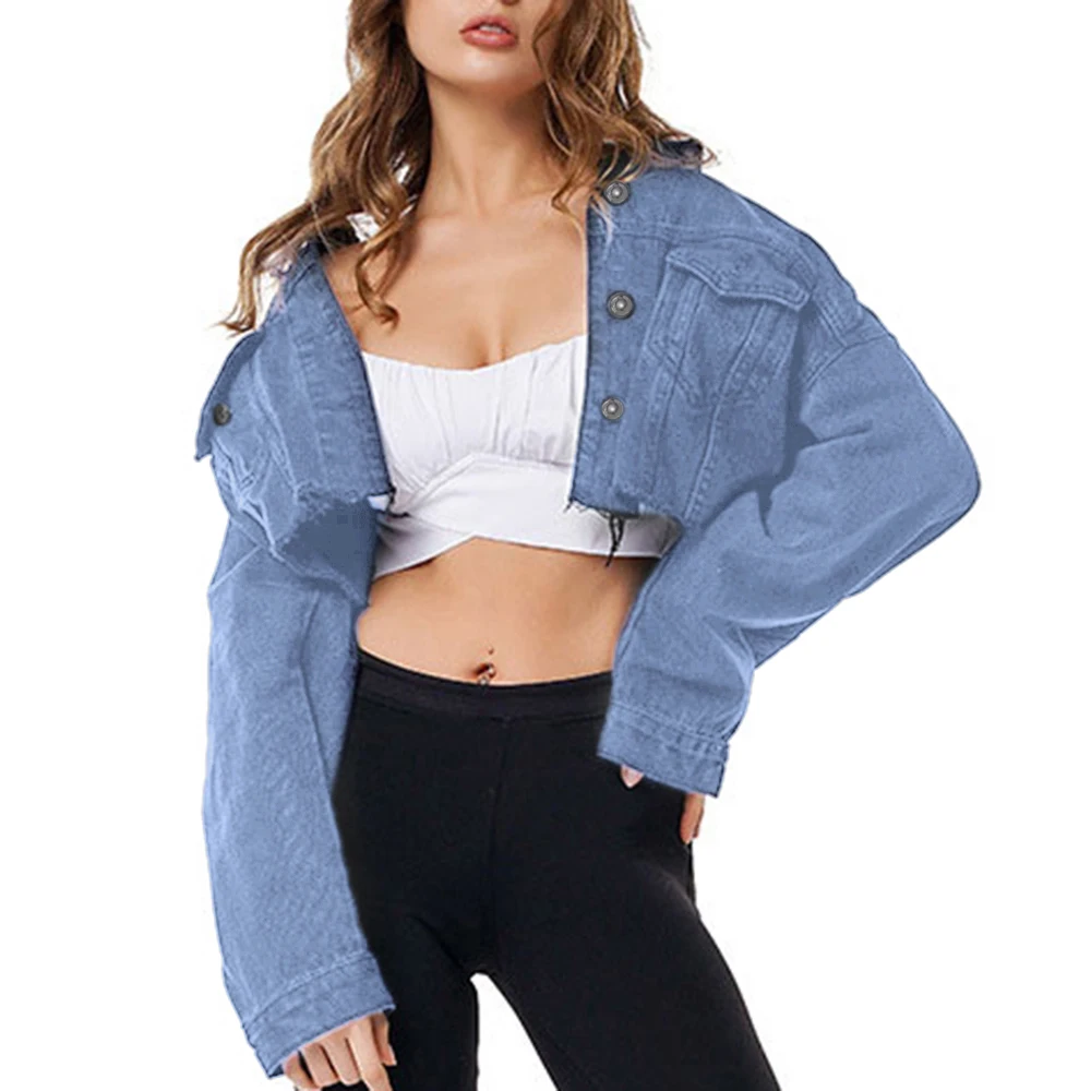 

2019 New Autumn Denim Jackets Long Sleeve Frayed Hem Ripped Crop Tops Women High Street Single Breasted Solid Short Coats