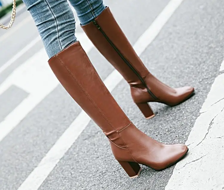 

High Heel Boots Knee Fashion Black White Brown Shoes Woman Riding Equestrian Long Square Toe Ladies Heels Size 42 10 Shoe