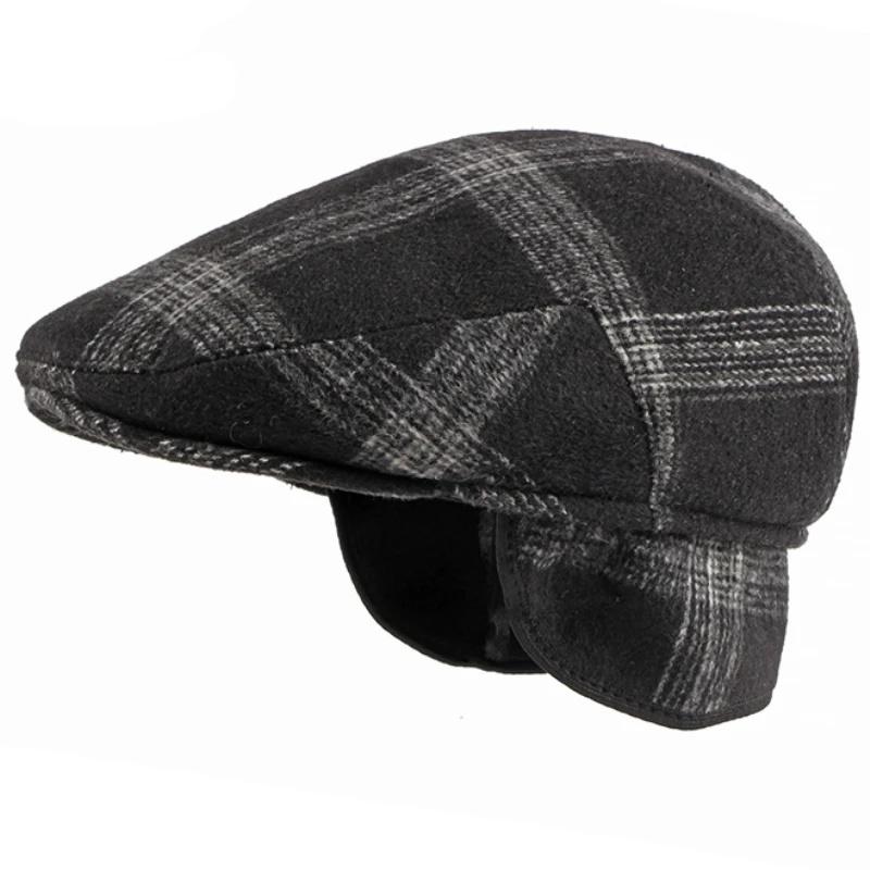 

HT3418 Beret Cap Warm Autumn Winter Hat Men Vintage Plaid Earflap Cap Male Artist Painter Wool Beret Hat Men Ivy Flat Cap Berets