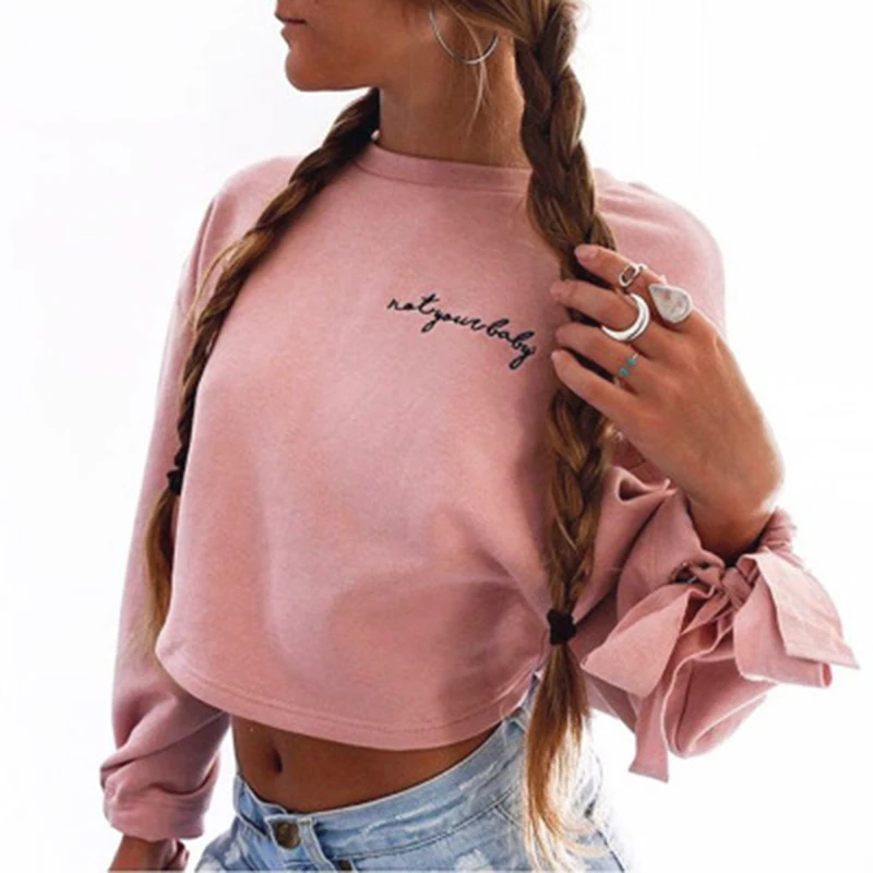 2021 Fashion Women Bowknot Long Sleeve Hoodies Round Neck Crop Tops White Pink Short Sweatshirts Spring Outfits hoodie fashion