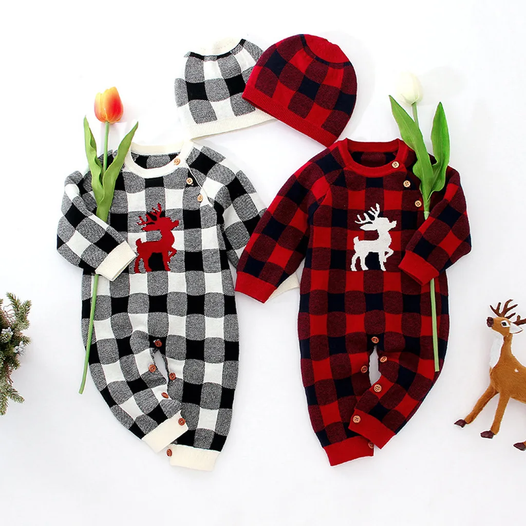 Muqgewkids/детская одежда; комбинезон; коллекция года; зимний теплый рождественский комбинезон для новорожденных мальчиков; Вязаный комбинезон с рождественским оленем; теплая шапка; roupas