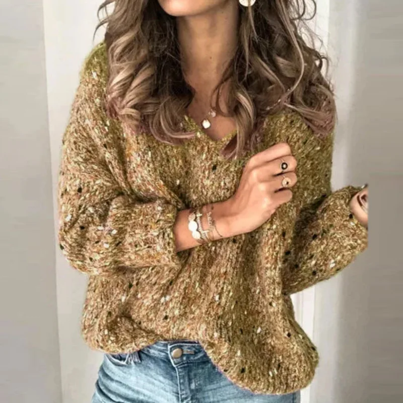 V-neck Yellow 2XL Однотонный свитер с v-образным вырезом, Женский Повседневный Свободный пуловер с длинным рукавом, женские топы, новые женские осенние свитера, зимний джемпер - Цвет: V-neck Yellow