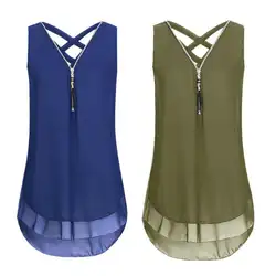 Женские шифоновые рубашки без рукавов на молнии с v-образным вырезом плюс размер свободные крестообразные Топы