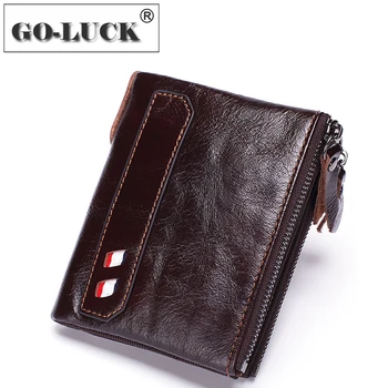 

GO-LUCK Brand Cowhide Leather Men Short Wallets With Zipper Pocket ID Credit Card Holder Men's Handheld Bag