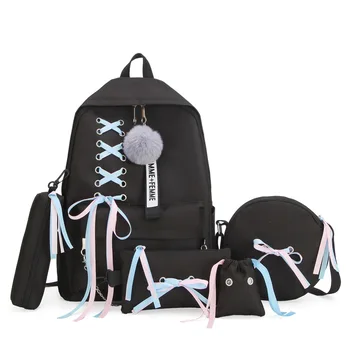 

Hot Girl School Bag For Teenage Solid Backpack College Wind Schoolbag Women High Student Bag Bow Bundle Backpacks