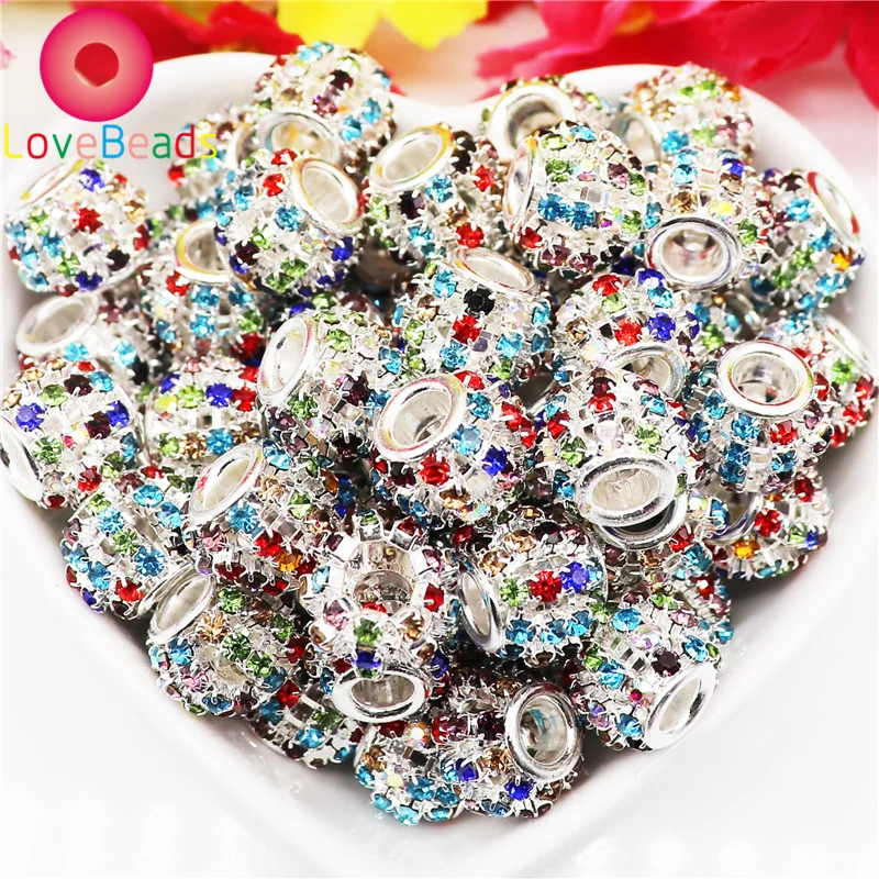 10Pcs Gold Color Crystal Rhinestone Round Rondelle Spacer Beads Charms Fit Pandora Bracelet Keychain Pendants DIY Chain Jewelry