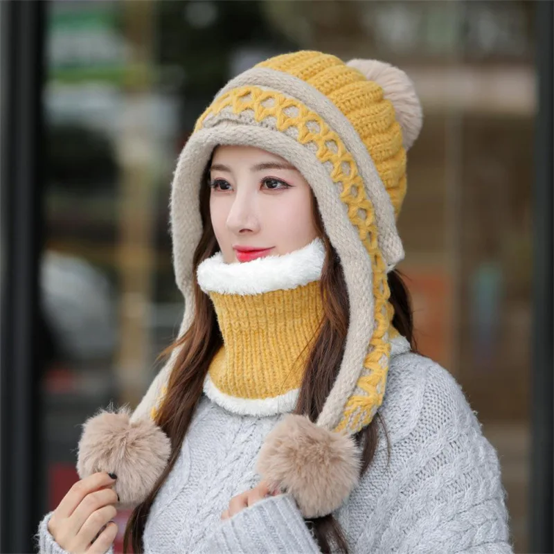 2021 Woolen Hat Women Winter Ear Protection Knitted Hat Bib Two-piece Plus Velvet Warm and Windproof Cycling Hat 