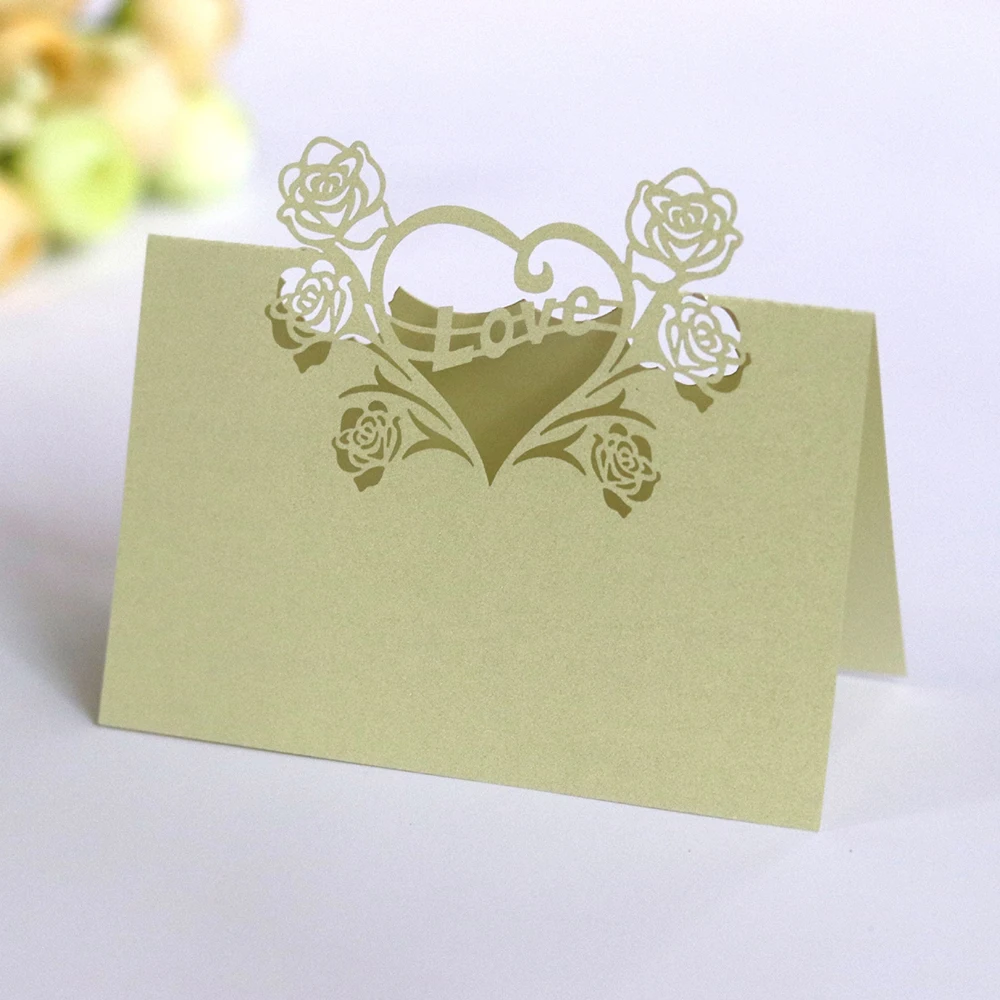 Birthday Party Decor Place Cards Laser Cut 50 Pcs Hollow Pattern Heart Shape Wedding Event Table Name Card Flower Decoupage