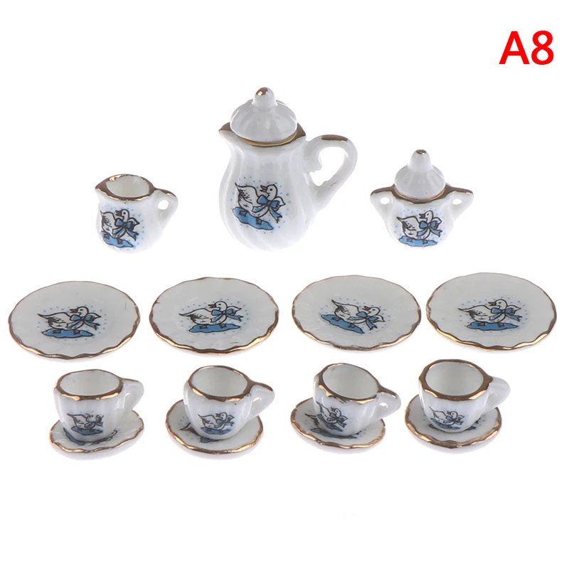 1:12, миниатюрный набор фарфоровых чайных чашек 15 шт., посуда с цветами, кухонный кукольный домик(8 узоров на ваш выбор - Цвет: A8