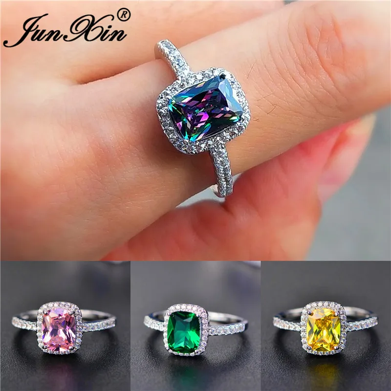 Fashion Mystic Fire Crystal Stone Rings For Women Silver Color Square Blue Pink Zircon Wedding Engagement Ring Boho Jewelry