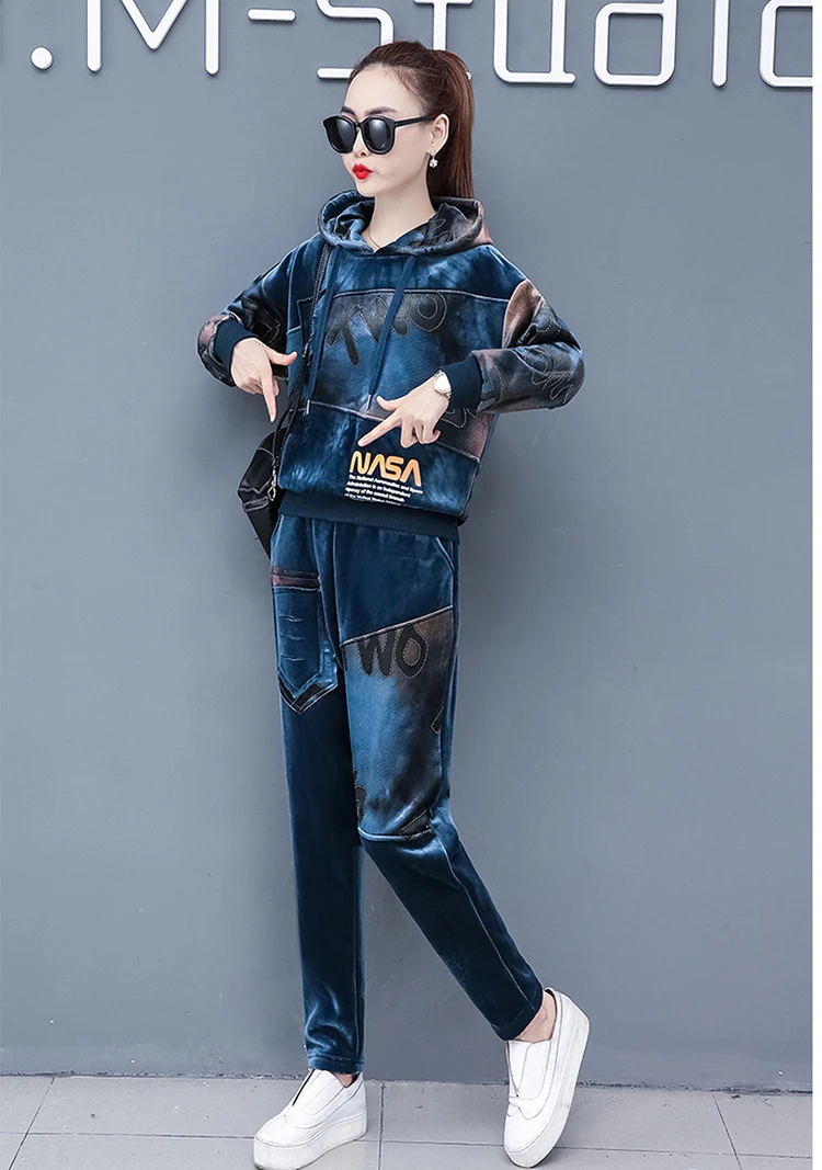 Plus Size Velvet Two 2 Piece Set Tracksuit For Women Warm Thick Outfits Hoodies Pant Suit Winter Festival Clothing Matching Sets