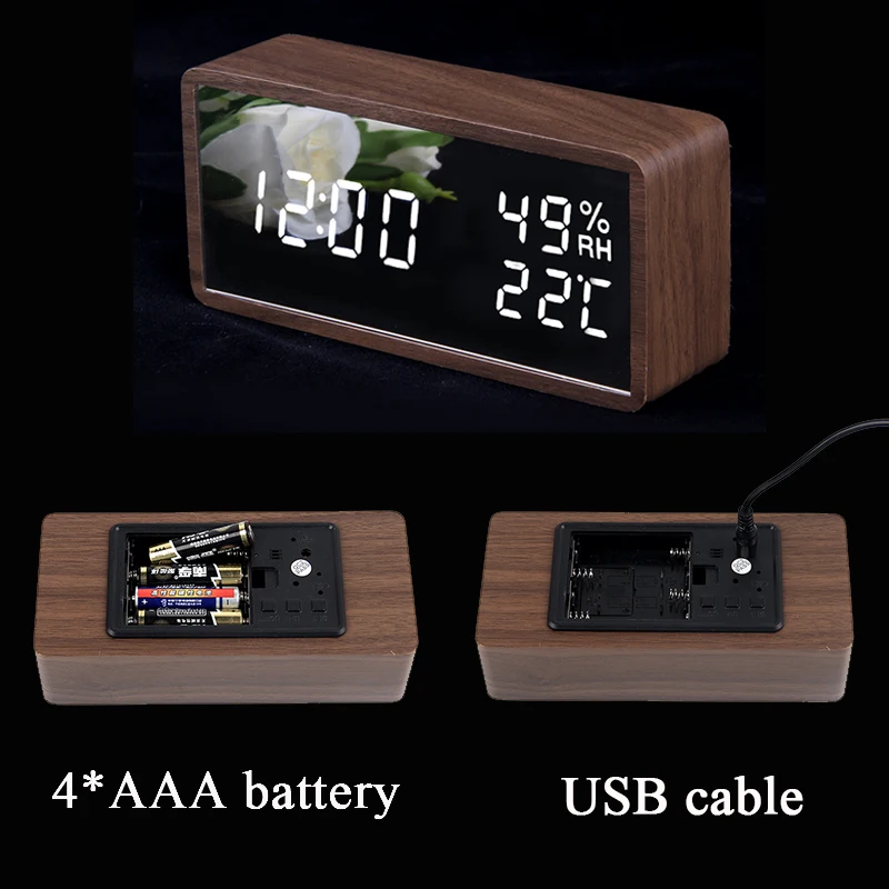 Светодиодный настольный часы с календарем, цифровой Деревянный Зеркальный будильник, большой таймер, голосовое управление, повтор, Despertador, настольные часы, USB/AAA