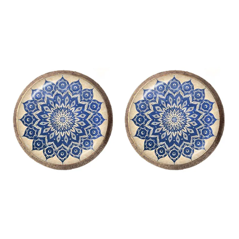 Mandala Flower Earrings OM Symbol Buddhism Zen Picture 12mm Glass Cabochon Stud Earring Vintage Bronze Color Jewelry For Women | Украшения