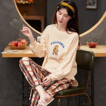 

women's Pajamas Set Cute Bear Cartoon Sleep Lounge Pajama Long Sleeve Pyjamas Cotton Sleepwear Women Homewear Pijama Mujer