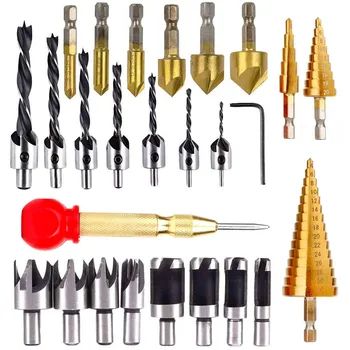 

25pcs Woodworking Chamfer Countersink Drill Bit Set Step Drill Bits 5 Flute 90 Degree Countersink Drill Wood Plug Cutter