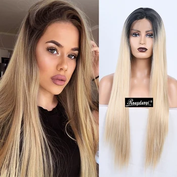

RONGDUOYI Two Tone Hair Blonde Wig Long Silky Straight Synthetic Lace Front Wigs for Women Ombre Mix Blonded Cosplay Lace Wig