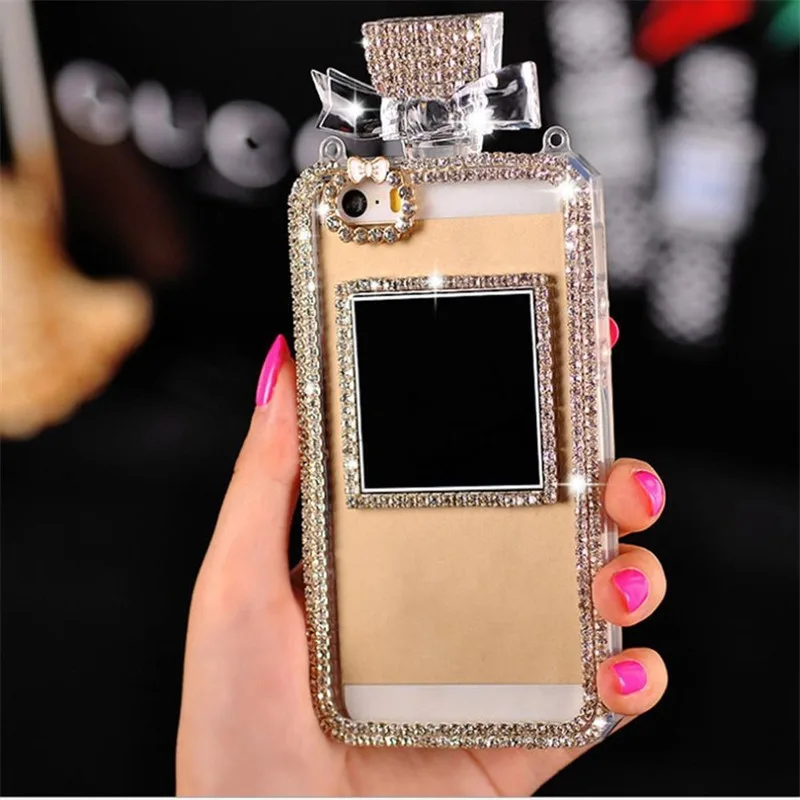 Luxury Perfume Bottle Design 3D Diamond Handmade Phone TPU Soft Cases For  iPhone 14 12 13 Pro XS Max Cover With Metal Chain