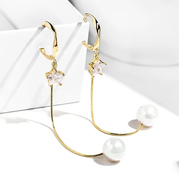 

14K Gold Fashion Star Cubic Zirconia Tassel Stud Hoop Earrings Imitation Pearls Long Dangle Drop Earrings For Women Girls Lady