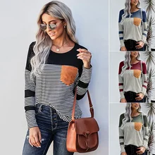 Best Price Sexy Woman T Shirts Striped Stitching Color Long-Sleeved Top Slim Slimming All-Match T-Shirt