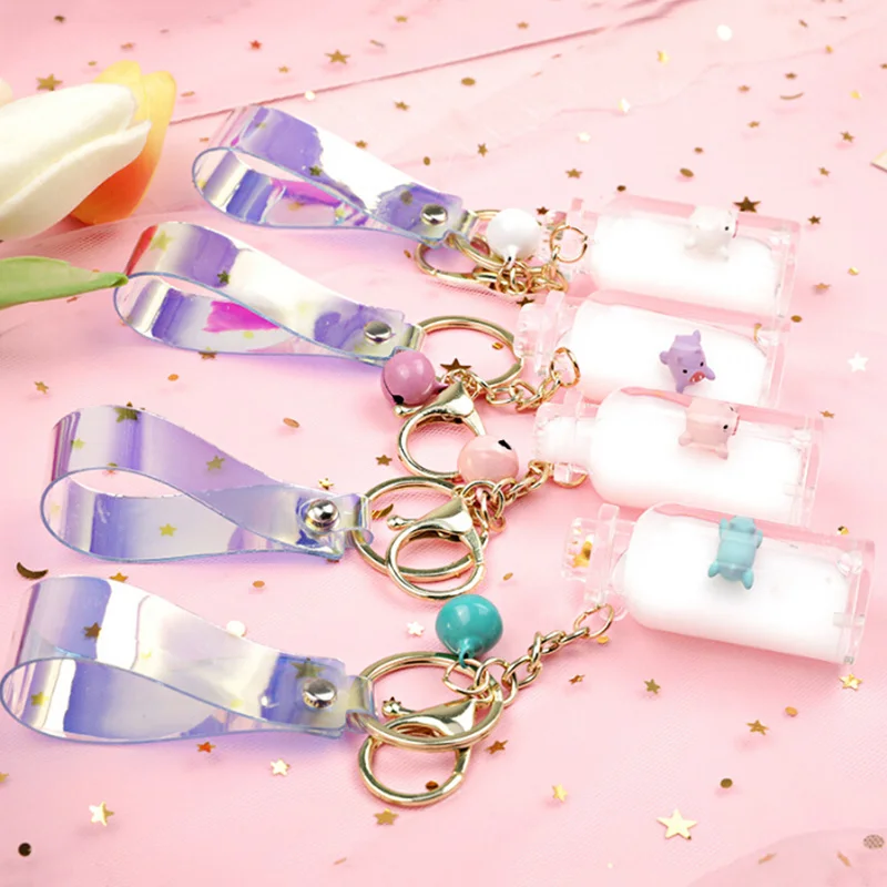 NEW Creative Mini Pig Milk Bottle Keyring Quicksand Bottle Milk Key Chain For Women Bag Charm Christmas Gift