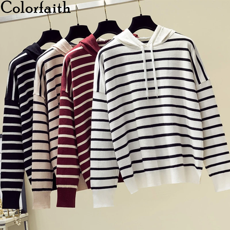 

Colorfaith New 2019 Women's Pullovers Sweaters Striped Hooded Knitting Autumn Winter Korean Style Casual Loose Female Tops SW705