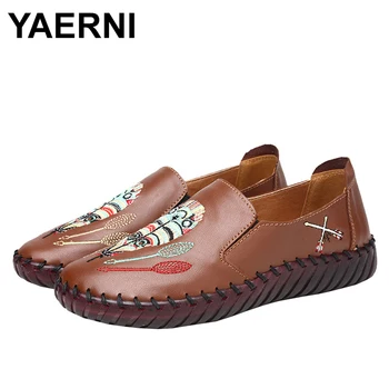 

YAERNI 2020Embroidery Women Flat Shoes Loafers Genuine Leather Casual Flats Shoes Comfortable Driving Shoes Ventilation