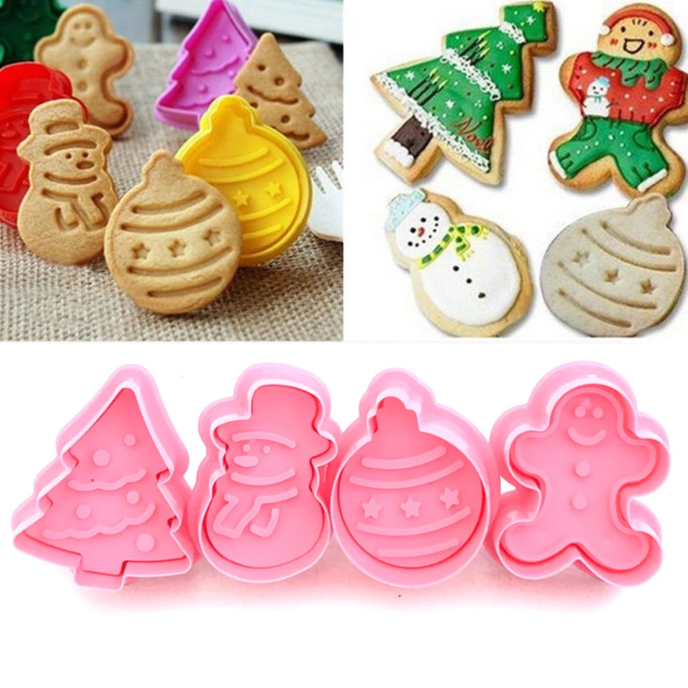 

Brand New 4Pcs Child DIY Christmas Cookie Biscuit Plunger Cutter Mould Fondant Cake Mold Baking Tools Xmas