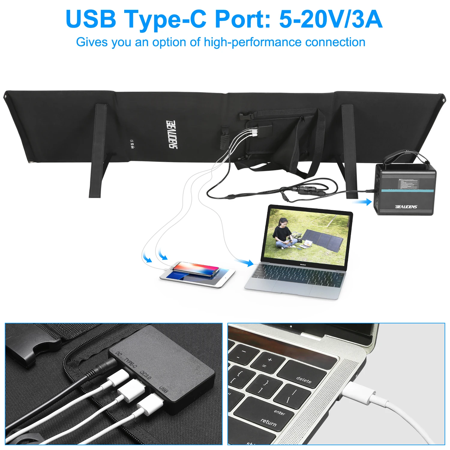 Beaudens 100 Вт солнечная панель 18 в быстрое зарядное устройство с TYPE-C/QC3.0 USB/DC портами для электростанции таблетки телефон для кемпинга аварийный