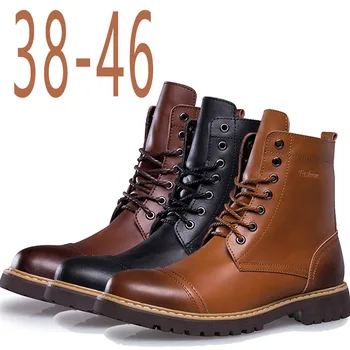 

38-46 Genuine Leather Ankle Snow Men Boots Shoes Motorcycle with Fur Plush Warm High Top Male Casual Winter Military Booties