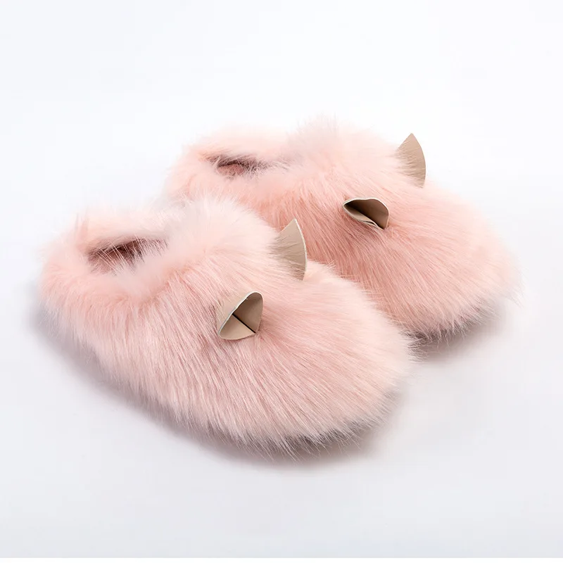 Suihyung New Winter Women Indoor Shoes Furry Rabbit Hair Home Slippers Warm Soft Bottom Fluffy Slippers Ladies Animal Fur Slides - Цвет: Розовый
