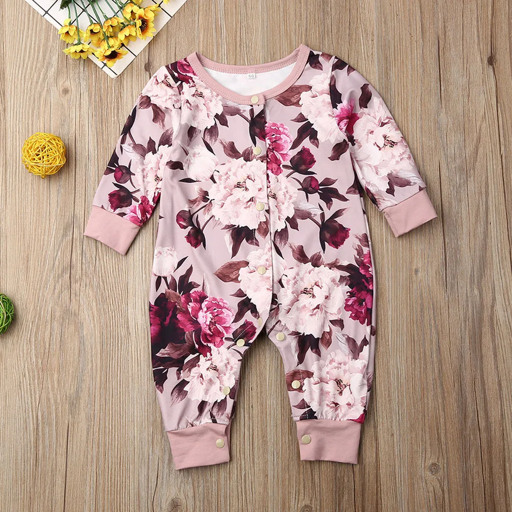 Комбинезон с цветочным принтом для маленьких девочек, весенне-осенняя одежда, комбинезон с длинными рукавами и круглым вырезом, Милый хлопковый комбинезон для маленьких девочек 0-18 месяцев - Цвет: Розовый