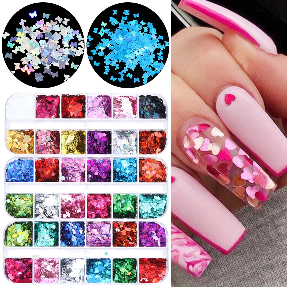 Хлопья 3D с блестками для ногтей разноцветное сердце любовь голографический