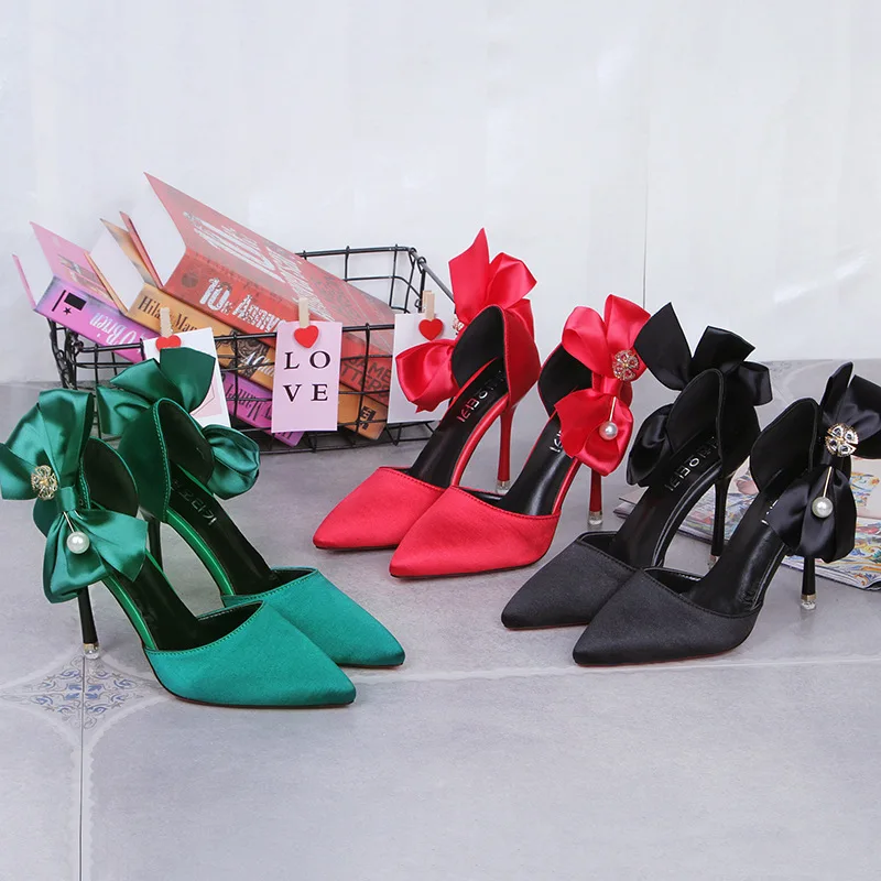 

2019 Spring And Autumn New Style Pointed Shallow Mouth Foot Covering Fashion Bow Ladies' Stiletto WOMEN'S Shoes Red New