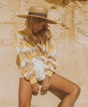 

Spring new women's cotton long-sleeved knit sweater Fashion ladies hollow wavy stitching loose thin knit sweater Bottoming