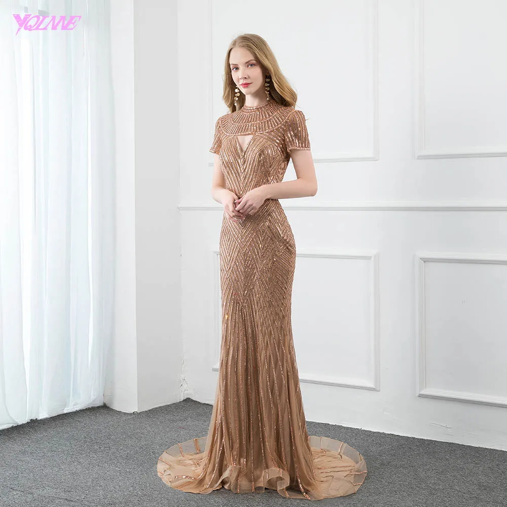 Rose Gold YQLNNE кутюр розовое золото с коротким рукавом вечернее платье длинное Русалка Формальное вечернее платье соревнование суд поезд - Цвет: Rose Gold