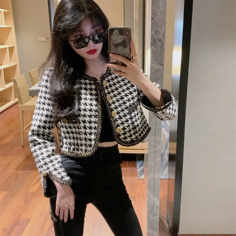 

Graceful Crew Neck Autumn New Style 2020 Korean-style Versatile Slimming Single-Breasted Vintage Thousands of Birds Short Coat F