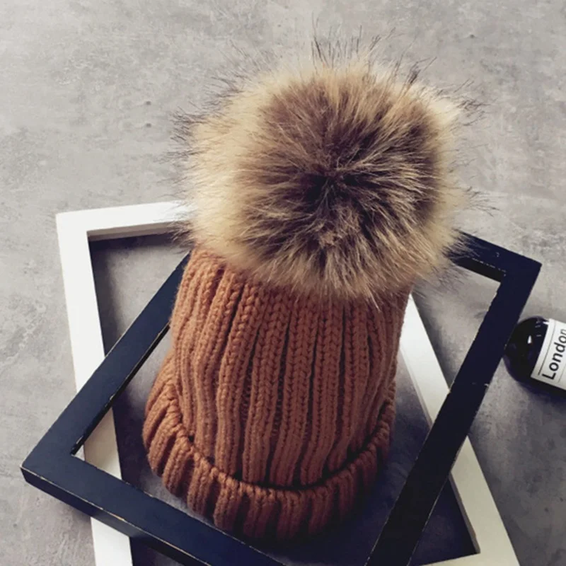 Fashion Mother& Child Baby Warm Winter Knit Beanie Fur Pom Hat Crochet Ski Cap