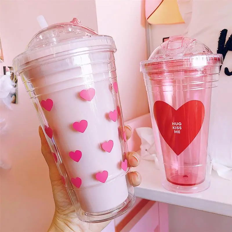 

480ml Double-Layer Water Cups Heart Printing Drinking Bottle Plastic Water Bottle Silicone Straw Water Cup For Home Office