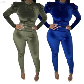 

Winter Outfits Tracksuit Women Set O-neck Full Sleeve Suits Solid Sexy Backless Two Piece Set Top And Pants Velvet Club Outfits