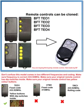 

BENINCA LOT1W LOT2W LOT4W LOTX1W LOTX2W LOT1WMS LOT2WS Universal remote control replacement clone duplicator Fixed code 433.92MHz