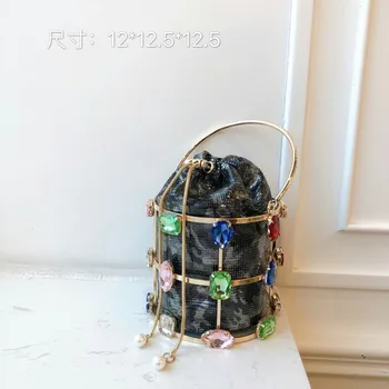 

2019 New Women's Bag Alloy Color Rhinestone Cage Steamed Stuffed Bun Hand Bill of Lading Shoulder Slung