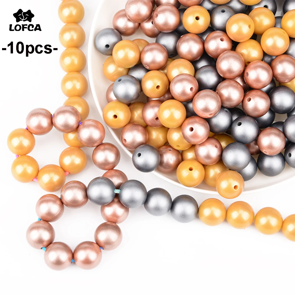 LOFCA Silicone Beads 10pcs Metallic Silver Print 12/15/19mm Teething Beads DIY Chewable Babies Accessories BPA Free Baby Teether