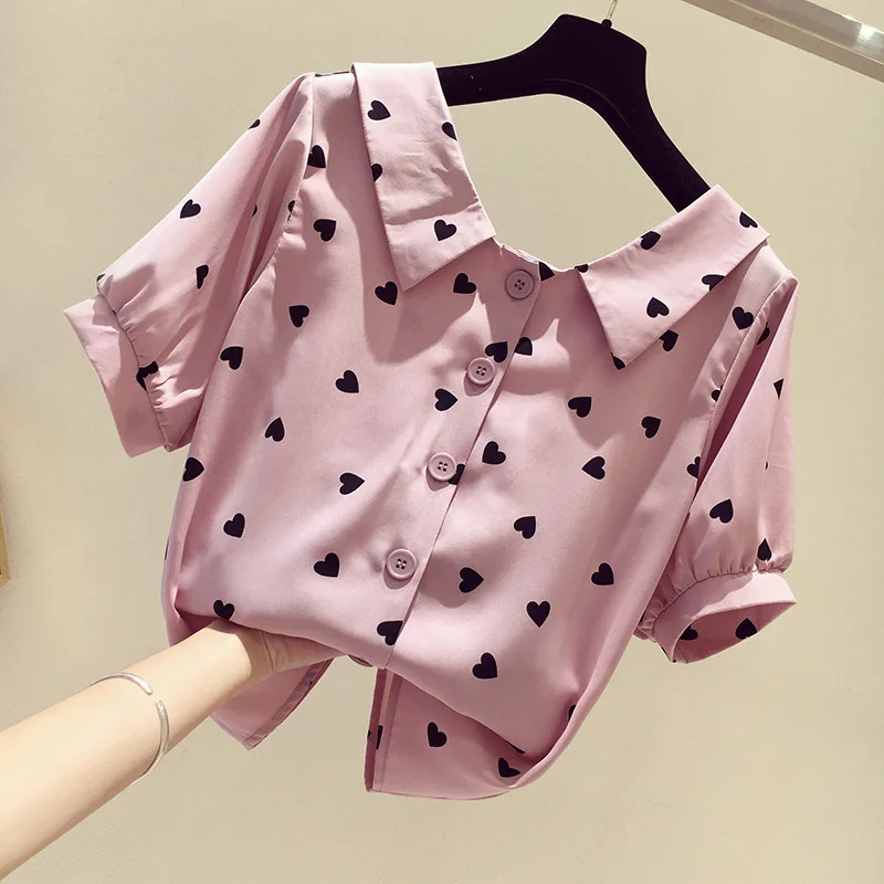 Women Blouses Shirts Top-Blusas Loose-Polka-Dot Short-Sleeve Green Korean Summer Doll