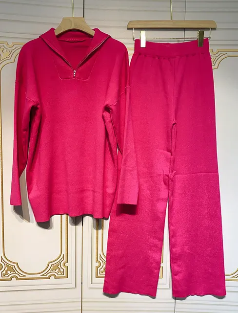 Free Shipping Casual Autumn Loose Knit Sweater Set Fashion Zip Lapel Long Sleeve Pullover Sweater & Straight Pants Two-piece Set Rose Red
