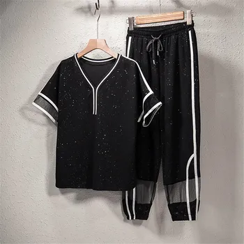 

2020 Summer New Fashion Striped 2 Piece Set Women Tracksuit Lace Mesh Sleeve T-shirts + Pants Sporting Wear