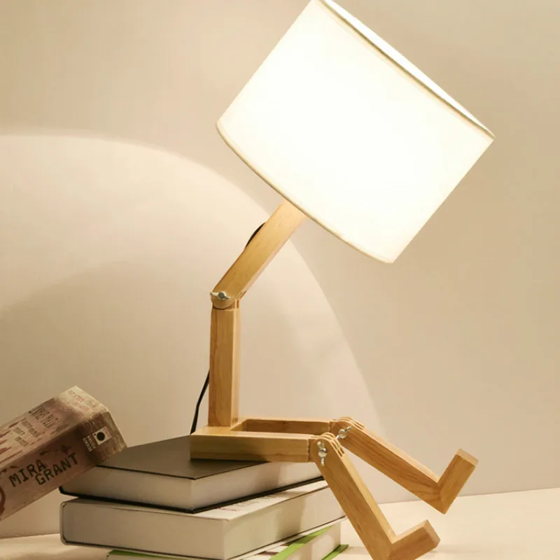 Lámparas de Mesa plegables en forma de Robot de madera  lampara de lino  escritorio sombra  creativa  moda europea  estudio  dormitorio  mesita de noche  WJB41611 