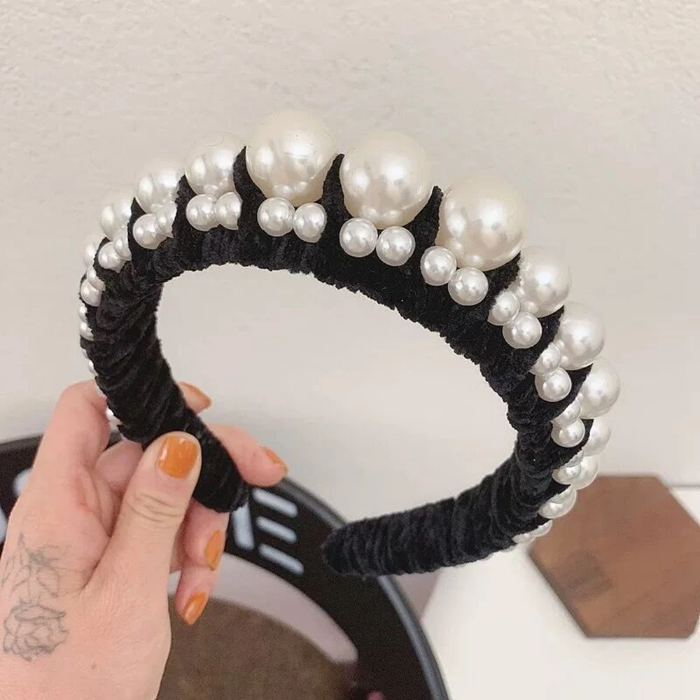 black hairband Новые золотые бархатные большие жемчужные повязки на голову, Модные Ободки на голову, корейские зимние широкие повязки для волос, женские аксессуары для волос - Цвет: black hairband