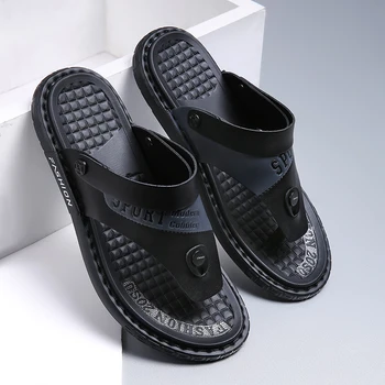 

Hot Sale Beach Sandals Male Rubber Walking Sandals Men White Black Flip Flops For Mens Brand Designer Pu Leather Slippers Men